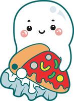 Outline of ghost bring a pizza. Coloring pages of cute ghost. vector