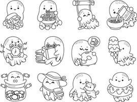 Outline of ghost in the variation of activity. Coloring pages of cute ghost. vector