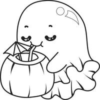 Outline of ghost drinking a coconut drink. Coloring pages of cute ghost. vector