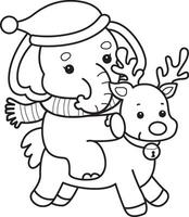 Outline of santa elephant riding a reindeer. Coloring pages of Funny baby Elephant. vector