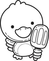 Outline of duck enjoy with ice cream. Coloring pages of Funny baby Duck animal series. vector