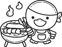 Outline of duck grilled the barbecue in the beach. Coloring pages of Funny baby Duck animal series. vector