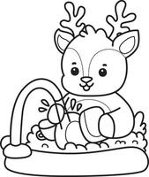 Outline of deer cleaning the plate in the sink. Coloring pages of cute deer icon. vector
