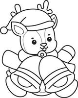 Outline of santa deer bring a bells. Coloring pages of cute deer icon. vector