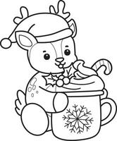 Outline of santa deer bring a hot chocolate. Coloring pages of cute deer icon. vector