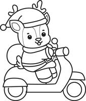 Outline of santa deer riding a scooter. Coloring pages of cute deer icon. vector
