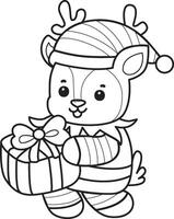 Outline of dwarf deer bring a gift box. Coloring pages of cute deer icon. vector