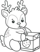 Outline of deer drinking a strawberry milk. Coloring pages of cute deer icon. vector