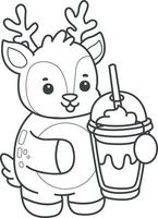 Outline of deer bring a milkshake. Coloring pages of cute deer icon. vector
