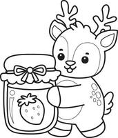 Outline of deer bring a strawberry jam. Coloring pages of cute deer icon. vector