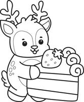 Outline of deer bring a strawberry cake. Coloring pages of cute deer icon. vector