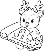 Outline of deer bring a pizza. Coloring pages of cute deer icon. vector