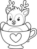Outline of deer stuck in the cup of tea. Coloring pages of cute deer icon. vector