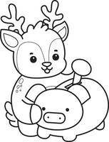 Outline of deer savings money in the piggy bank. Coloring pages of cute deer icon. vector