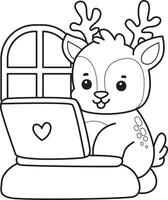 Outline of deer typing in the notepad. Coloring pages of cute deer icon. vector