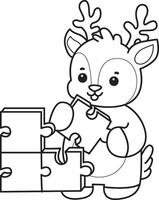 Outline of deer playing a puzzle. Coloring pages of cute deer icon. vector