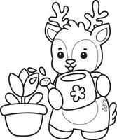 Outline of deer watering a tulip flower. Coloring pages of cute deer icon. vector