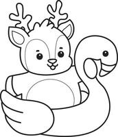 Outline of deer stuck in the flamingo tire. Coloring pages of cute deer icon. vector