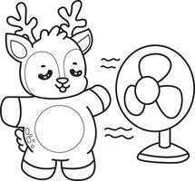 Outline of deer feel tha air from the fan. Coloring pages of cute deer icon. vector
