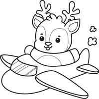 Outline of deer flying with plane. Coloring pages of cute deer icon. vector