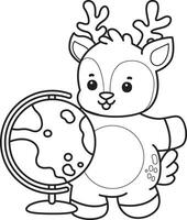 Outline of deer bring a globe. Coloring pages of cute deer icon. vector