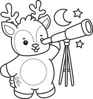 Outline of deer see the moon by telescope. Coloring pages of cute deer icon. vector