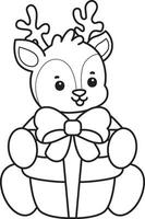 Outline of deer bring a gift box. Coloring pages of cute deer icon. vector