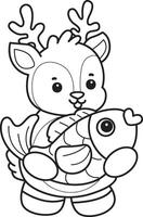 Outline of deer bring a gold fish. Coloring pages of cute deer icon. vector