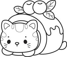 Outline of kitty in the roll cake. Coloring pages of Kawaii animal kitty vector