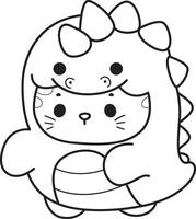 Outline of kitty with dinosaur costume. Coloring pages of Kawaii animal kitty vector