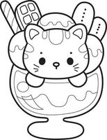 Outline of kitty in the middle of ice cream glass. Coloring pages of Kawaii animal kitty vector