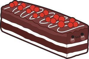 Long chocolate cake with cherry topping. Chocolate cake from the cake shop. vector