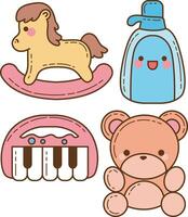 Group of rocky horse and piano items. Cute baby stuff . vector