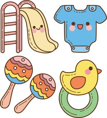 Group of sliding and maracas items. Cute baby stuff .