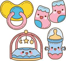 Group of pacifier and socks items. Cute baby stuff . vector