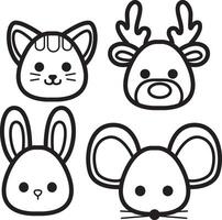 Outline of bunny, mouse and deer group. Coloring pages of cute animals. vector