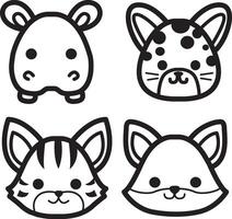 Outline of tiger, fox and hippo group. Coloring pages of cute animals. vector