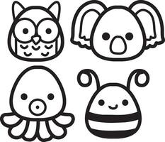 Outline of bee, octopus and koala group. Coloring pages of cute animals. vector