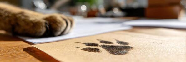 Cat Paw Print on Paperwork Resting on a Tidy Desk With Clean Surroundings During Daylight photo