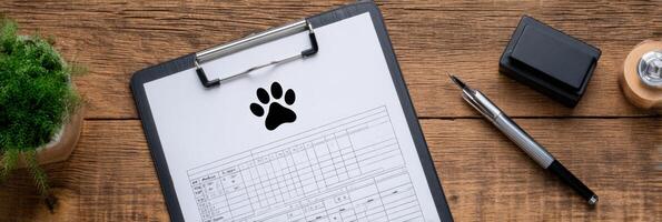 Vet Chart and Clipboard With Paw Print Stamp on Desk Ready for Use in Veterinary Office During Consultation or Appointment photo