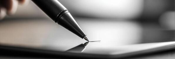 Digital Pen Creates a Handwritten Message on a Tablet at a Modern Workspace in the Early Morning Light photo