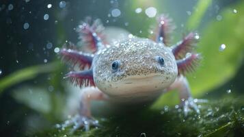 Colorful Axolotl Swims Gracefully Through Clean Aquatic Habitat With Bubbles in Clear Water photo