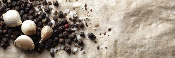 Cooking With Peppercorns and Garlic Arranged on Parchment Paper in a Minimalist Culinary Setup for Food Preparation photo