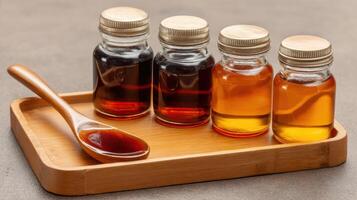 Bottles of Cough Syrup and Spoon Arranged Neatly on Wooden Tray for Easy Access During Cold and Flu Season photo