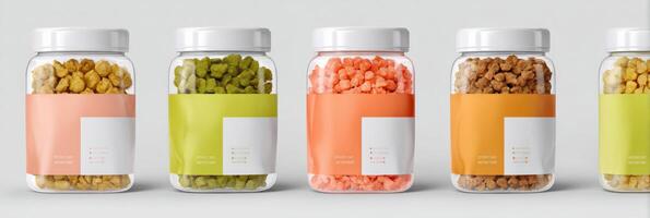 Showcase of Freeze-Dried Treat Packaging Design With Colorful Jars and Light Background photo