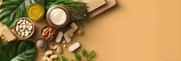 Modern Pet Food Label Mockup With Surrounding Ingredients, Emphasizing Natural Nutrition on a Neutral Background photo