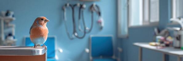Bird Perched Calmly Inside a Clean Veterinary Office During a Bright Day photo