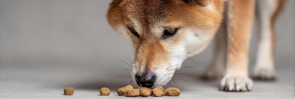Shiba Inu Enjoys Sniffing Dry Food Against a Neutral Background With Focused Lighting Creating a Warm Atmosphere photo