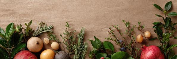 Herbal Arrangement With Fruits on Craft Paper Creating a Natural and Serene Composition for a Calming Atmosphere photo