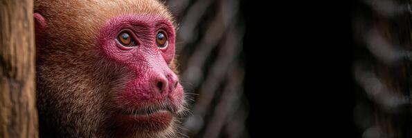 Bold Red Uakari Monkey With Bare Head Resting in Lush Jungle Environment photo